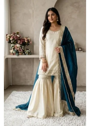 Generic Women's Silk Embroidered 3/4th Sleeve V-Neck Kurti With Sharara Pant and Dupatta Set (Cream & Teal)