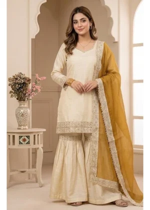Generic Women's Silk Embroidered 3/4th Sleeve V-Neck Kurti With Sharara Pant and Dupatta Set (Cream & Yellow)