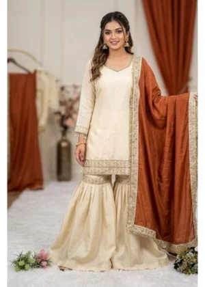 Generic Women's Silk Embroidered 3/4th Sleeve V-Neck Kurti With Sharara Pant and Dupatta Set (Cream & Orange)