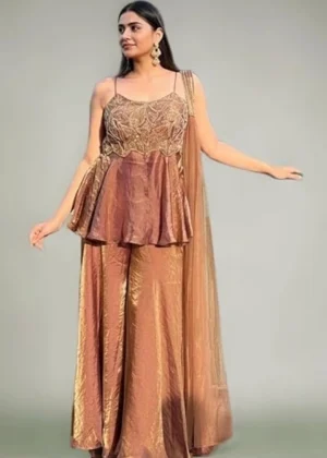 Generic Women's Silk Embroidered Sleeveless Round Kurti With Palazzo Pant and Dupatta Set (Brown)