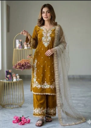 Generic Women's Silk Embroidered 3/4th Sleeve Round Kurti With Palazzo Pant and Dupatta Set (Gold)