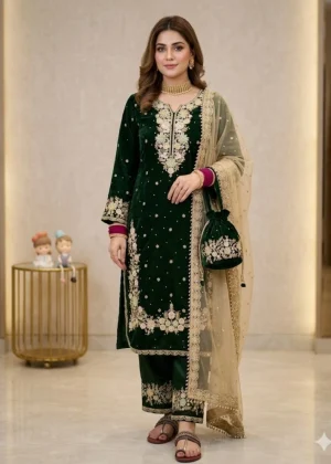 Generic Women's Silk Embroidered 3/4th Sleeve Round Kurti With Palazzo Pant and Dupatta Set (Dark Green)