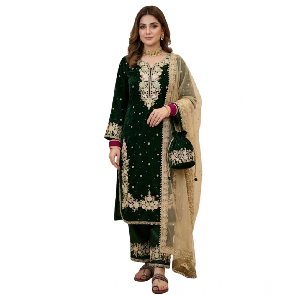 Generic Women's Silk Embroidered 3/4th Sleeve Round Kurti With Palazzo Pant and Dupatta Set (Dark Green) - Image 2