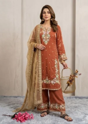 Generic Women's Silk Embroidered 3/4th Sleeve Round Kurti With Palazzo Pant and Dupatta Set (Orange)
