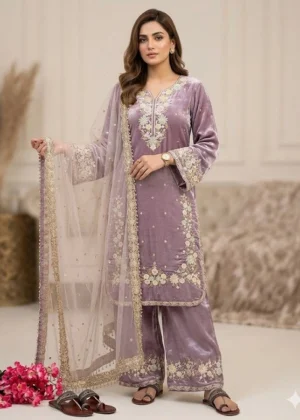 Generic Women's Silk Embroidered 3/4th Sleeve Round Kurti With Palazzo Pant and Dupatta Set (Lavender)