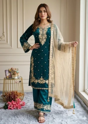 Generic Women's Silk Embroidered 3/4th Sleeve Round Kurti With Palazzo Pant and Dupatta Set (Teal)