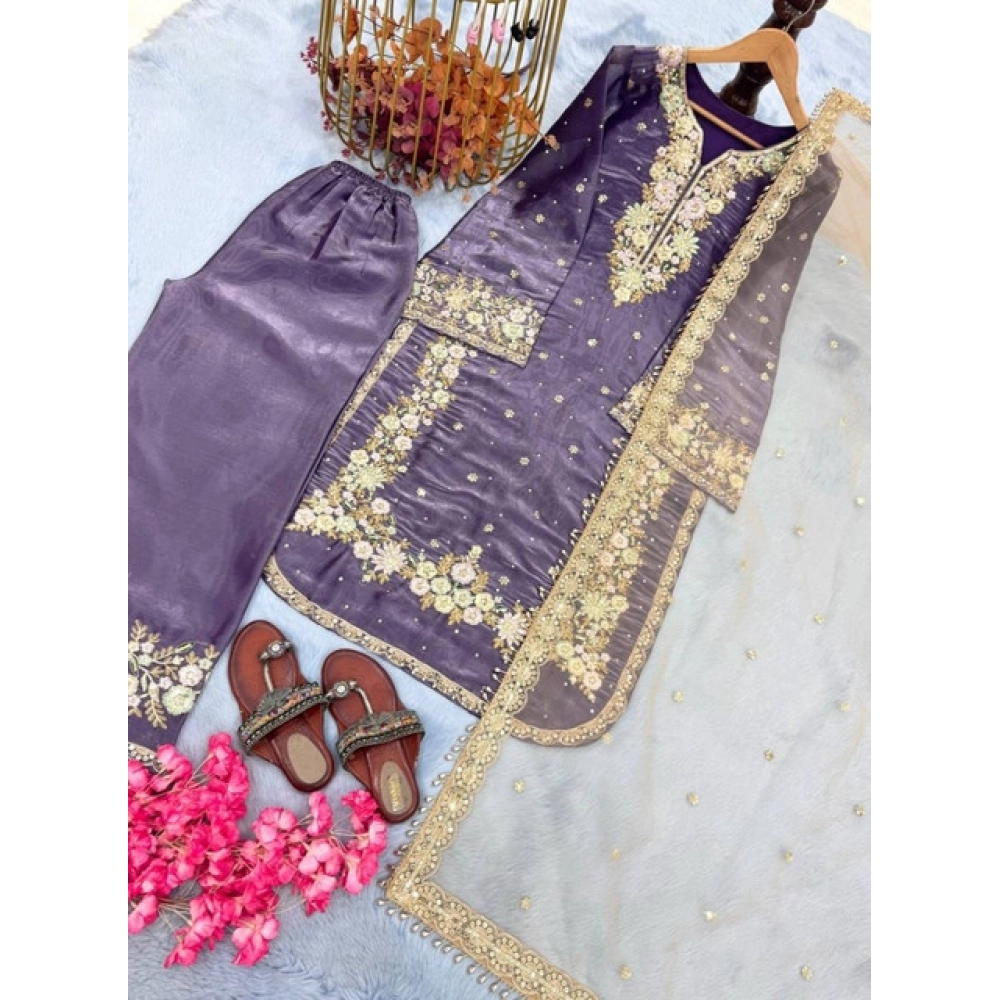 Generic Women's Silk Embroidered 3/4th Sleeve Round Kurti With Palazzo Pant and Dupatta Set (Purple) - Image 3