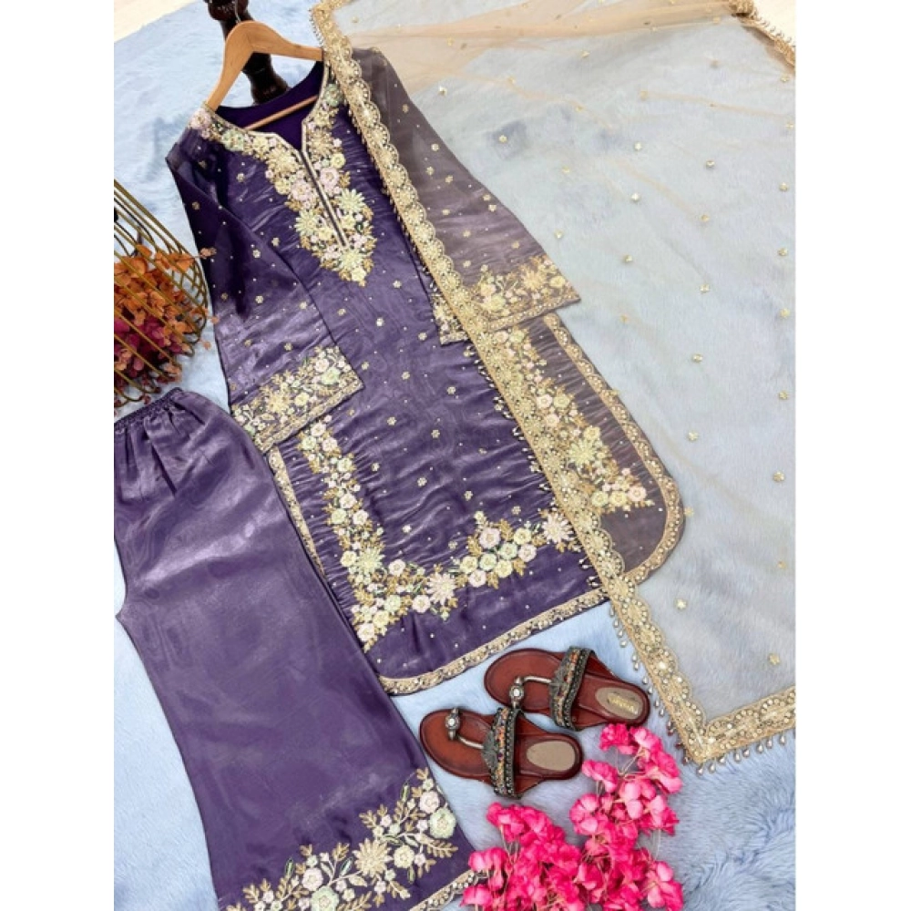 Generic Women's Silk Embroidered 3/4th Sleeve Round Kurti With Palazzo Pant and Dupatta Set (Purple) - Image 4