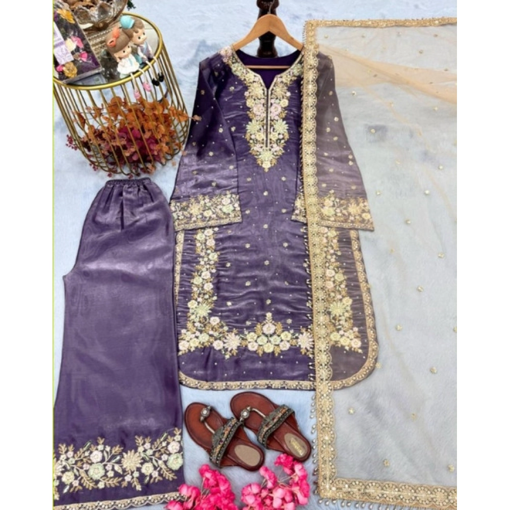 Generic Women's Silk Embroidered 3/4th Sleeve Round Kurti With Palazzo Pant and Dupatta Set (Purple) - Image 5