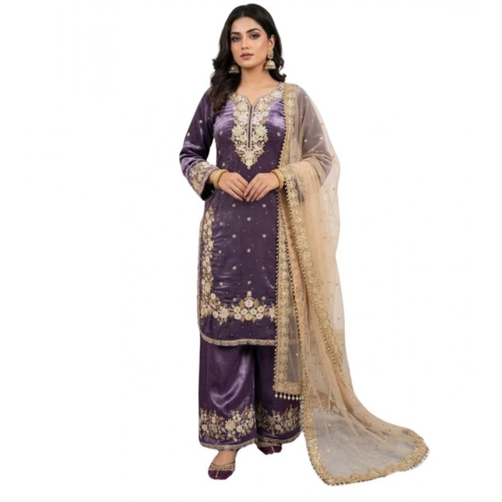 Generic Women's Silk Embroidered 3/4th Sleeve Round Kurti With Palazzo Pant and Dupatta Set (Purple) - Image 2