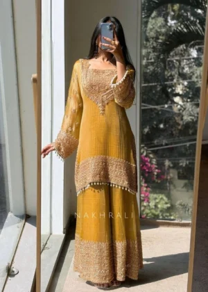 Generic Women's Silk Embroidered 3/4th Sleeve Round Kurti With Sharara Pant and Dupatta Set (Yellow)
