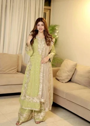 Generic Women's Silk Embroidered 3/4th Sleeve Round Readymade Kurti With Palazzo Pant and Dupatta Set (Pista)