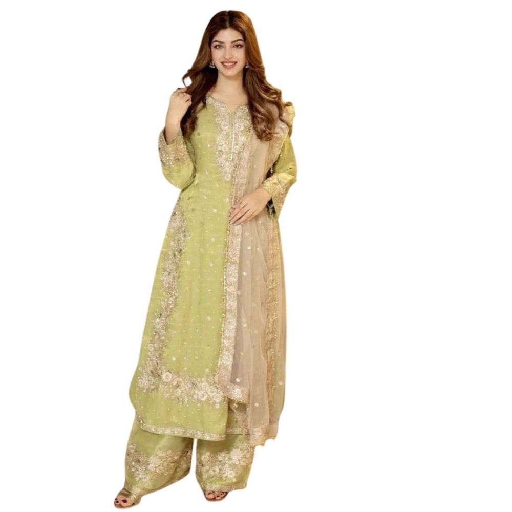 Generic Women's Silk Embroidered 3/4th Sleeve Round Readymade Kurti With Palazzo Pant and Dupatta Set (Pista) - Image 2