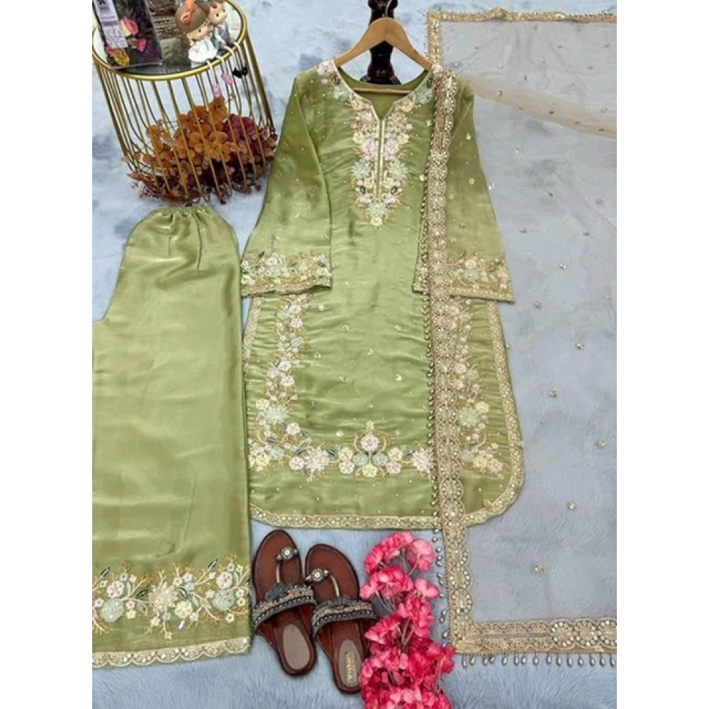 Generic Women's Silk Embroidered 3/4th Sleeve Round Readymade Kurti With Palazzo Pant and Dupatta Set (Pista) - Image 3