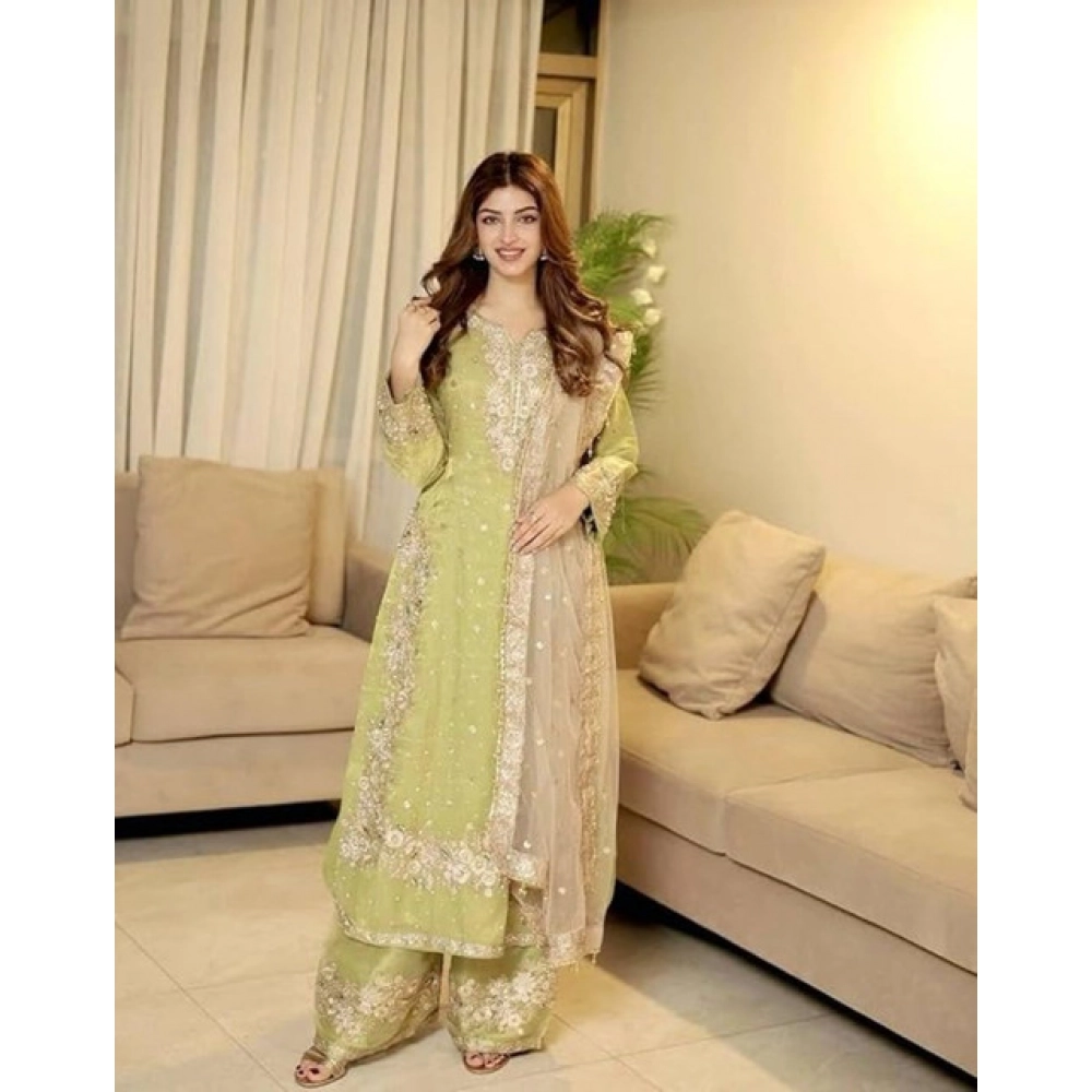 Generic Women's Silk Embroidered 3/4th Sleeve Round Readymade Kurti With Palazzo Pant and Dupatta Set (Pista) - Image 4