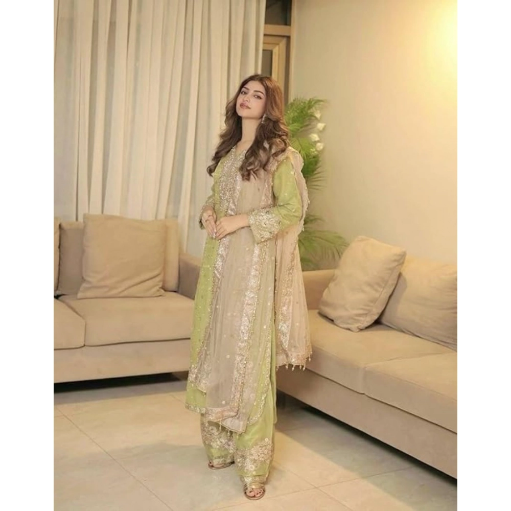 Generic Women's Silk Embroidered 3/4th Sleeve Round Readymade Kurti With Palazzo Pant and Dupatta Set (Pista) - Image 5