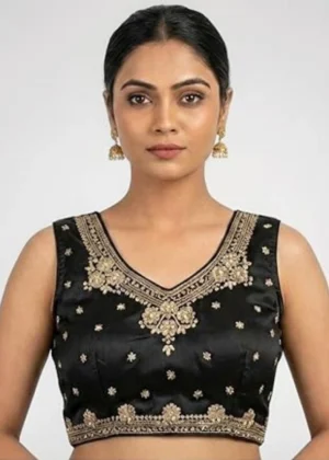 Generic Women's Silk Embroidered V-Neck Sleeveless Readymade Padded Blouse (Black, Size 38)