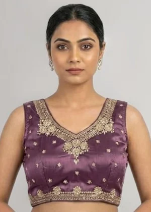 Generic Women's Silk Embroidered V-Neck Sleeveless Readymade Padded Blouse (Purple, Size 38)