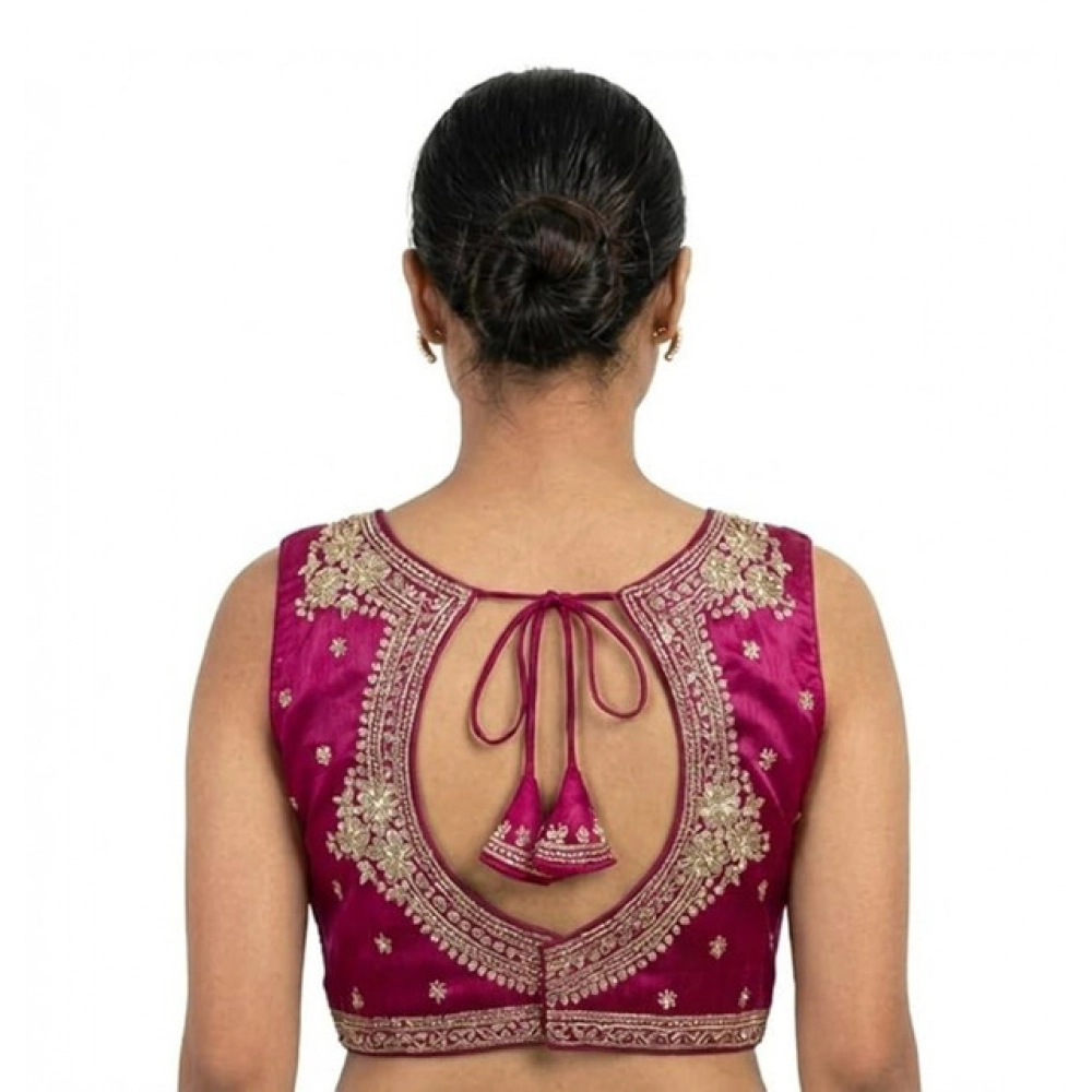 Generic Women's Silk Embroidered V-Neck Sleeveless Readymade Padded Blouse (Pink, Size 38) - Image 3