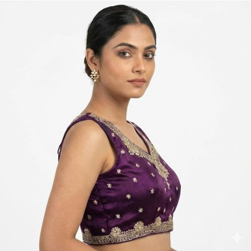 Generic Women's Silk Embroidered V-Neck Sleeveless Readymade Padded Blouse (Wine, Size 38) - Image 4
