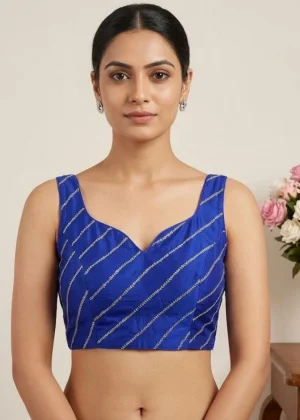 Generic Women's Silk Embellished Sweetheart Neck Sleeveless Readymade Padded Blouse (Blue, Size 38)