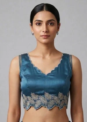 Generic Women's Silk Embroidered Sweetheart Neck Sleeveless Readymade Padded Blouse (Blue, Size 38)