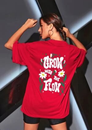Women Printed, Typography Round Neck Cotton Blend Red T-Shirt