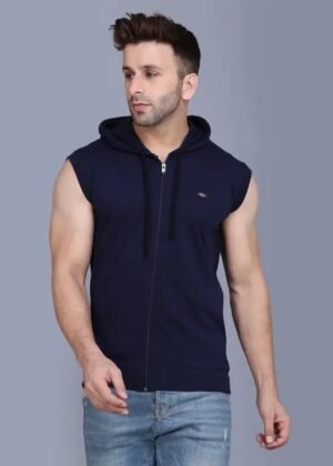 Men Solid Hooded Neck Pure Cotton Navy Blue T-Shirt