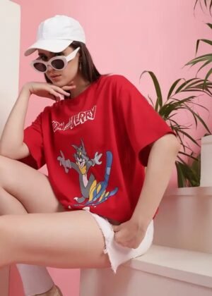 Women Printed Round Neck Cotton Blend Red T-Shirt