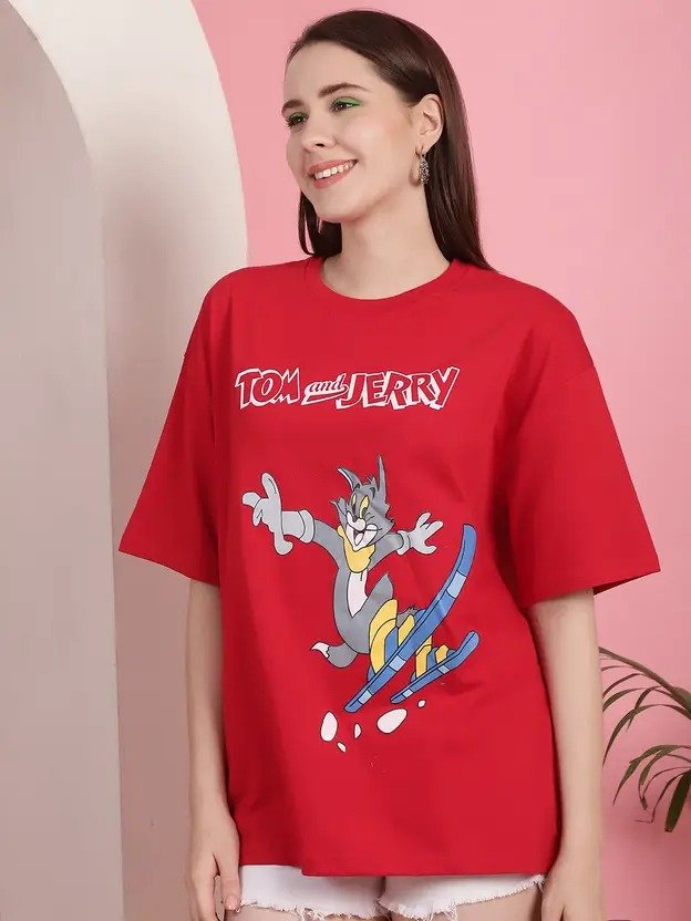 Women Printed Round Neck Cotton Blend Red T-Shirt - Image 3